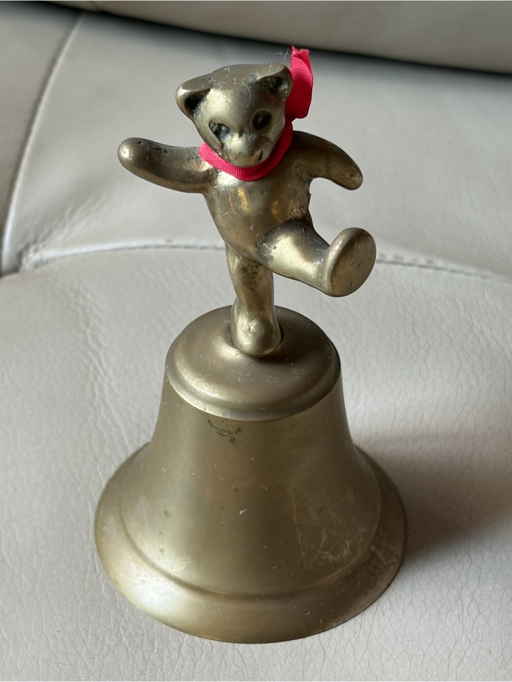 Brass Teddy Bear Bell with Red Ribbon - Decorative Home Accent